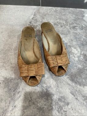 Stuart Weitzman Cork Bow Peep-Toe Mule in Tan